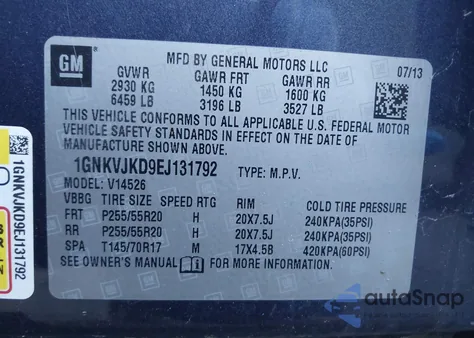 2014 Chevrolet Traverse Ltz from USA, damaged, VIN 1GNKVJKD9EJ131792
